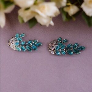 Olive Leaf 🍃 Blue  Zircon.C- Hoop Earrings